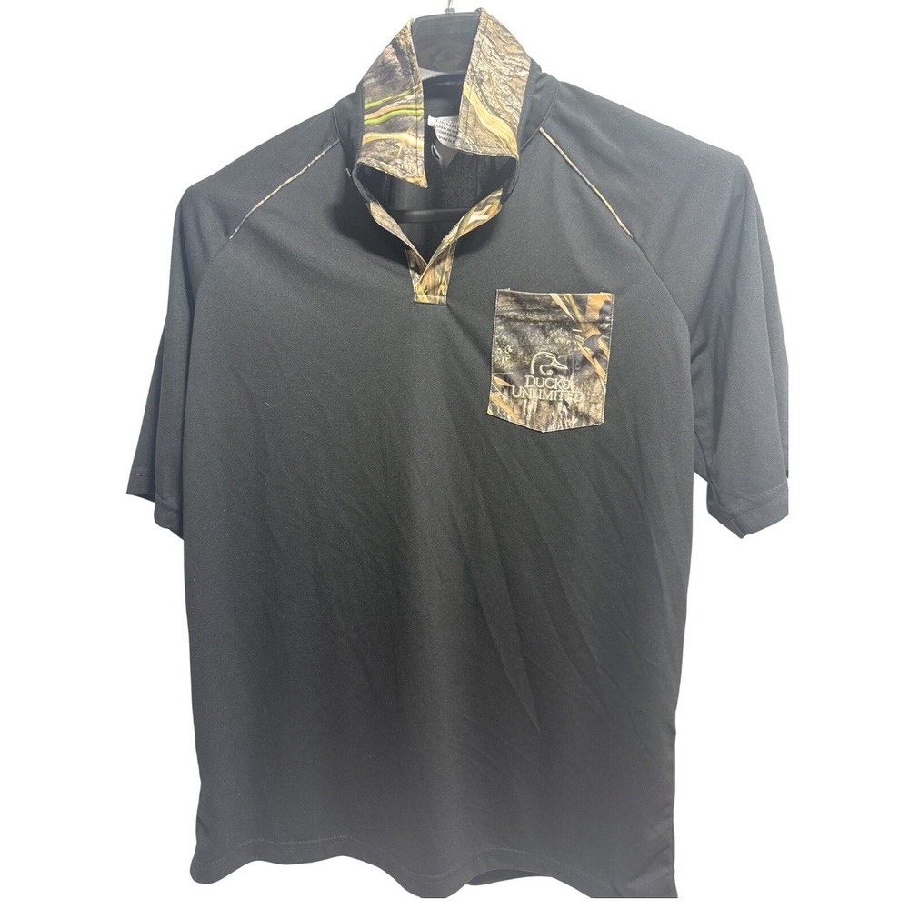 Ducks Unlimited Mens‎ Large Black Performance Polo Shirt Camo Trim Pocket Logo